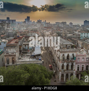 Sunset in Havana over the city looking down a long quiet street Stock Photo
