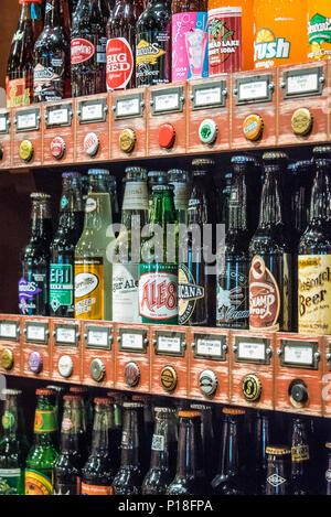 Display of classic bottled soft drinks at Cracker Barrel Old Country Store in Russellville, Arkansas, USA. Stock Photo