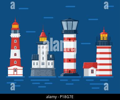 Red Lighthouses on Sea Background Stock Vector