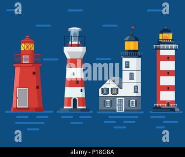 Red Lighthouses on Sea Background Stock Vector