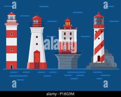Red Lighthouses on Sea Background Stock Vector