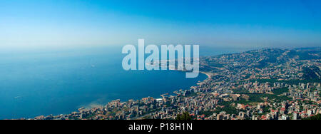 Aerial panoramic view to Jounieh city and bay from Harissa mountain, Lebanon Stock Photo