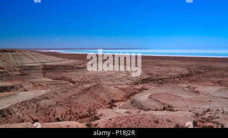 Panorama view to saline Barsa Kelmes lake and Ustyurt plateau at Karakalpakstan, Uzbekistan Stock Photo