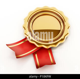 Golden badge with ribbons isolated on white background. 3D illustration. Stock Photo