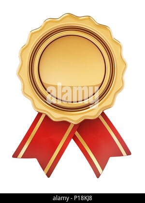 Golden badge with ribbons isolated on white background. 3D illustration. Stock Photo