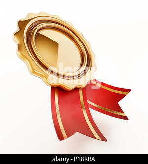 Golden badge with ribbons isolated on white background. 3D illustration. Stock Photo