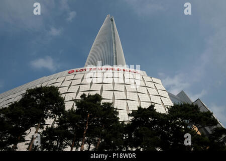 Upward view of Lotte World Tower a 123-floor, 554.5-metre supertall skyscraper and the 5th tallest building in the world located in the city of Seoul capital of South Korea Stock Photo