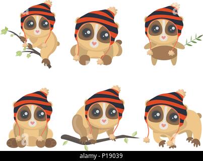 Little cute slow loris in different poses. Stock Vector