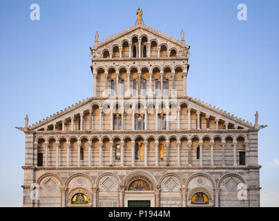 Pisan Romanesque facade of medieval Roman Catholic Pisa Cathedral at Piazza dei Miracoli (Piazza del Duomo), an important center of European medieval  Stock Photo