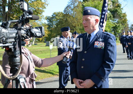 MENANDS, NY-- Brig Gen. Thomas J. Owens, assistant adjutant general for the New York Air National Guard, speaks with News Channel 6 before placing a wreath at the tomb of President Chester Arthur, the 21st President of the United States who is buried in Albany Rural Cemetery on Oct. 5, 2016. The New York National Guard represents the White House in this event annually on the late president’s birthday. (U.S Army National Guard photo by Capt. Jean Marie Kratzer) Stock Photo