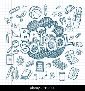 Back to School Supplies collection. Sketchy notebook doodles set with lettering. Vector illustration design elements on lined sketchbook paper Stock Vector