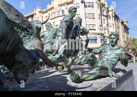 'Monumento al encierro' - Monument to the bull running festivities of San Fermin by Rafael Huerta, Pamplona, Navarra Spain. Stock Photo