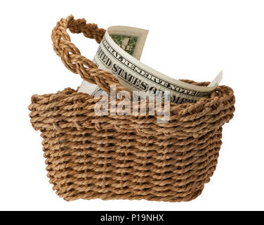 Miniature Basket: with One Dollar Bill Stock Photo