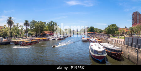 Panoramic view of Boats at Tigre River - Tigre, Buenos Aires, Argentina Stock Photo