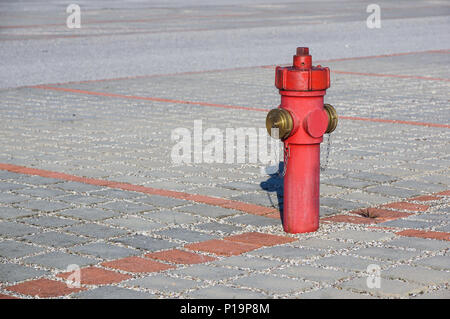 Old red fire hydrant in the street. Fire hidrant for emergency fire access Stock Photo