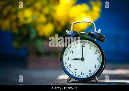 Retro 9 o'clock. Flowers in old wooden box. Day Light Garden Background with space for text Stock Photo