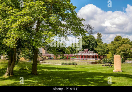 Chinese Pond and house at Woburn Abbey and Gardens, near Woburn, Bedfordshire, England Stock Photo