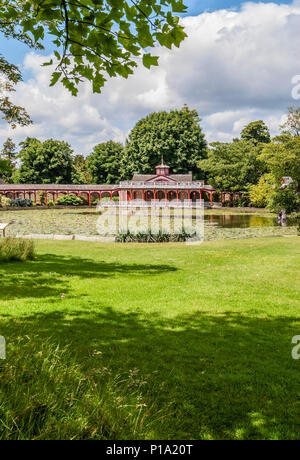 The Chinese Pond and house at Woburn Abbey and Gardens, near Woburn, Bedfordshire, England. It is the seat of the Duke of Bedford and the location of  Stock Photo