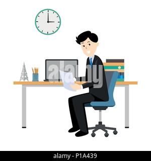 Businessman with Office Desk, business man working hold document-Vector Flat Design Illustration. Stock Vector