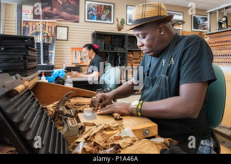 Miami, FL USA - JUNE 10, 2018: Hand made cigars producton in Little Havana district Stock Photo