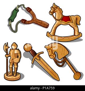 Set of toys made of wood isolated on white background. Vector illustration. Stock Vector