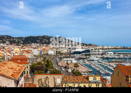 City of Cannes cityscape in France, view to Le Vieux Port and Palais des Festivals on French Riviera Stock Photo
