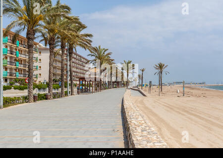 Maritime promenade and mediterranean beach in catalan village of Costa Dorada,Catalonia. Stock Photo