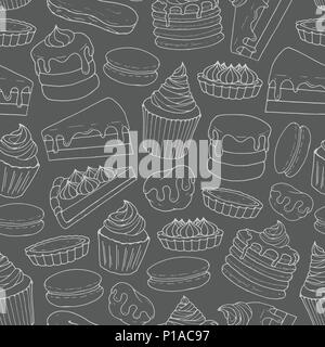 Vector pastry pattern with line art of cakes, pies, muffins, pancakes, macarons and eclairs on the blackboard background. Hand drawn sweet bakery in c Stock Vector