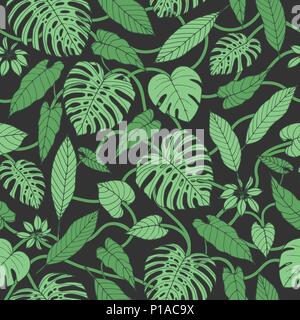 Vector tropical seamless pattern with monstera and banana leaves on the dark background. Exotic foliage.  Jungle print design in sketchy style. Stock Vector