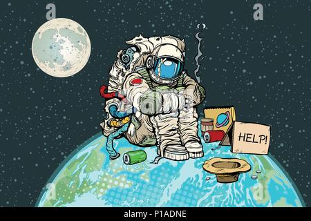 Poor hungry astronaut on planet earth Stock Vector