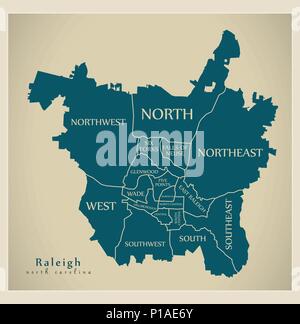 Modern City Map - Raleigh North Carolina city of the USA with neighborhoods and titles Stock Vector