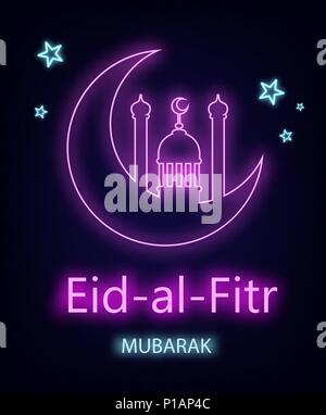 Eid Al Fitr greeting card with line mosque dome, moon and lantern, neon effect. Eid Mubarak. Vector illustration on black background. Stock Vector