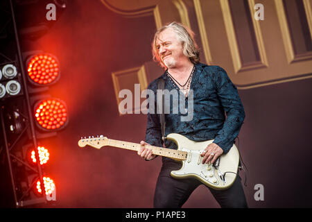 Sweden, Solvesborg - June 10, 2017. The English hard rock band Thunder performs a live concert during the Swedish music festival Sweden Rock Festival 2017 in Blekinge. Here guitarist Luke Morley is seen live on stage. (Photo credit: Gonzales Photo - Terje Dokken). Stock Photo