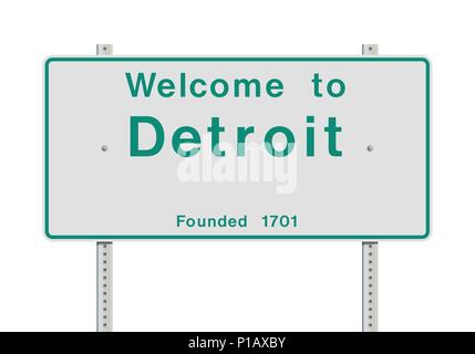 Vector illustration of Welcome to Detroit entrance white and green road sign Stock Vector