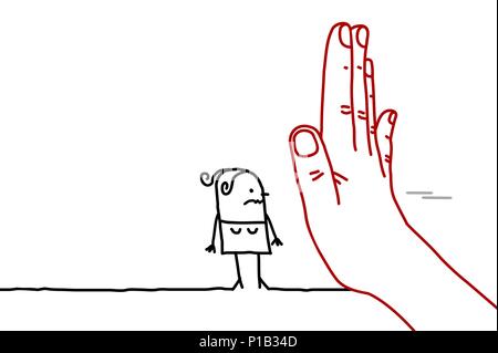 Big Hand with Cartoon Character - Stop Sign Facing a Woman Stock Vector