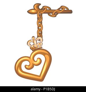 Decorative pendant on the curtain rod of a gold heart isolated on white background. Vector cartoon close-up illustration. Stock Vector