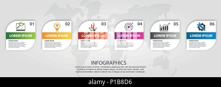Modern vector illustration 3D. Template of a square with rounded corners infographics with six elements. Designed for business, presentations, web des Stock Vector
