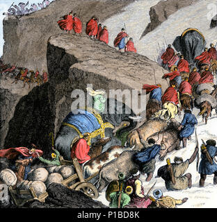 Hannibal's army crossing the Alps to invade Rome, 218 BC. Hand-colored woodcut Stock Photo