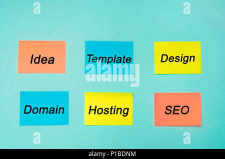 Website plan and project. SEO process information flow chart, design scheme, business concept. profession programmer. Stickers in blue background Stock Photo