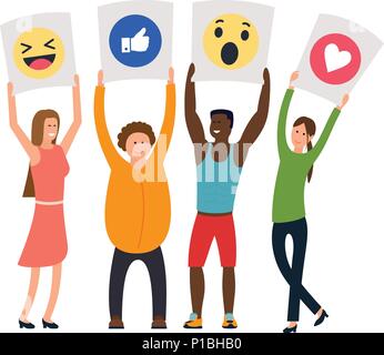 People with placards in their hands: lol, like, wow and love. Stock Vector