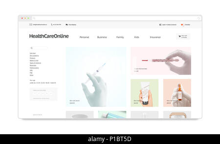 Medicine webstore site template mock up isolated, 3d rendering. Health care web page interface mockup. Iatric internet website template. Web store screen layout for computer display Stock Photo