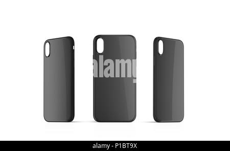 Blank black phone case mock up set, empty isolated, 3d rendering. Back, right and left side smartphone cover mockup ready for logo or pattern print presentation. Blank cellphone protector casing Stock Photo