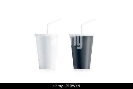 Blank black and white small disposable cup with straw mock up isolated, 3d rendering. Empty paper soda drinking mug mockup with lid and tube front view. Clear soft drink cola take away plastic package Stock Photo