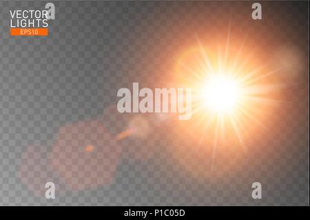 Vector transparent sunlight special lens flare. Abstract sun flash rays and spotlight. Golden front translucent special light effect design. Isolated  Stock Vector