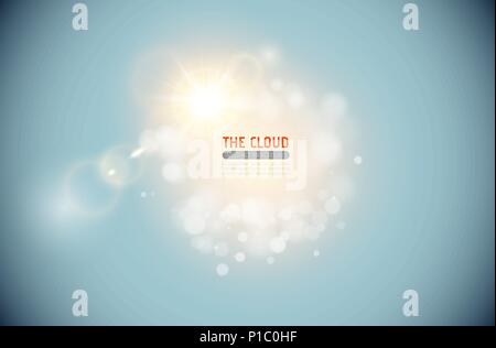 Vector sparkling cloud with shining lens flare light effect on blue sky background. Glowing center headline place. Abstract light sparks Stock Vector