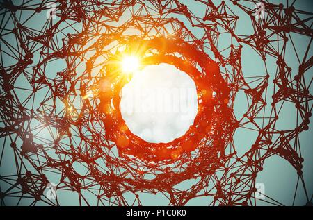 Vector twisted red tunnel delicate structure shining lens flares on blue green background. Glowing sci-fi round construction. Abstract cyber elegant Stock Vector