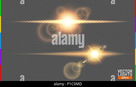 Abstract golden front sun lens flare transparent special light effect design. Vector blur in motion glow glare. Isolated on transparent background Stock Vector