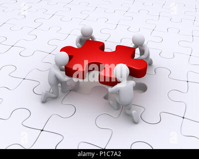 Four 3d people completing the puzzle Stock Photo