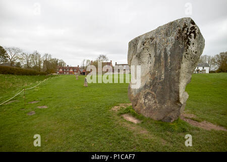 large sarsen stone part of the outer ring stone circle avebury stone circles wiltshire england uk. The missing stones are replaced with markers as in  Stock Photo