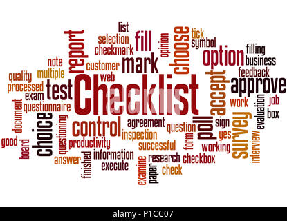 Checklist, word cloud concept on white background. Stock Photo
